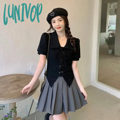 Lunivop Woman Sweet T-Shirt Korean Fashion Turn-Down Collar Chic Shirt Spring New Lace-Up Tops Puff