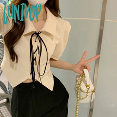 Lunivop Woman Sweet T-Shirt Korean Fashion Turn-Down Collar Chic Shirt Spring New Lace-Up Tops Puff