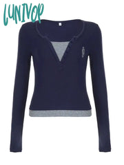 Lunivop Woman Tees Fake Two Pieces T-Shirts Patchwork Crochet Top Slim Crop V Neck Aesthetics