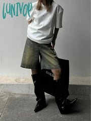 Lunivop Woman Tight Bodycon Jeans Tie-Dyed Denim Knee Length Shorts Basic Simple Classical