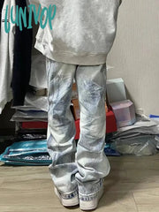 Lunivop Woman Trousers Denim Jeans Casual Baggy Low Waist Straight Leg Gradient Color Wash Simple