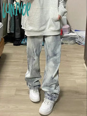Lunivop Woman Trousers Denim Jeans Casual Baggy Low Waist Straight Leg Gradient Color Wash Simple