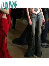 Lunivop Woman Vintage Money Jeans Dark Academia Denim New Trend Pants Aesthetics Bell Gyaru Bottoms
