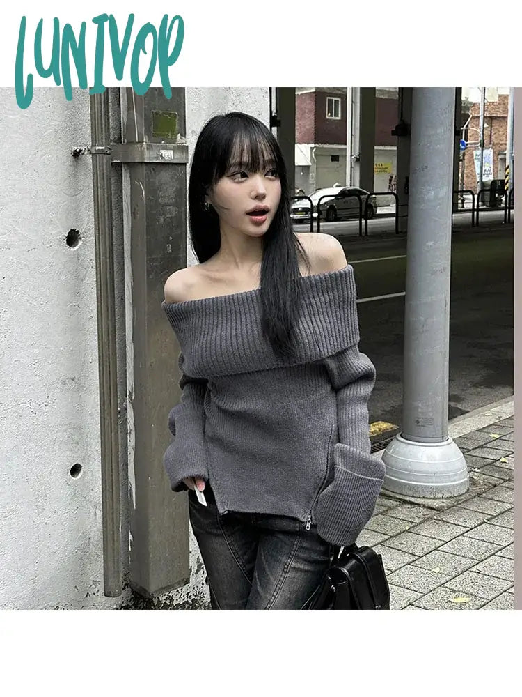 Lunivop Woman Wool Sweater Slash Neck Pullover Off Shoulder Cashmere Long Sleeve Top Casual New