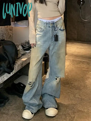 Lunivop Woman Y2K Grunge Baggy Low Waist Bottoms Hole Ripped Jeans Denim Pants Floor-Length Vintage