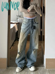Lunivop Woman Y2K Grunge Baggy Low Waist Bottoms Hole Ripped Jeans Denim Pants Floor-Length Vintage