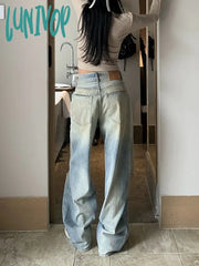 Lunivop Woman Y2K Grunge Baggy Low Waist Bottoms Hole Ripped Jeans Denim Pants Floor-Length Vintage