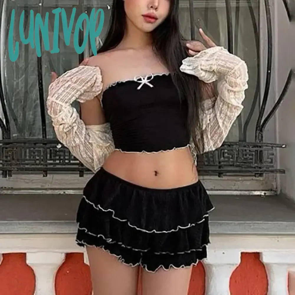 Lunivop Women 2 Piece Set One-Shoulder Strapless Sexy Bow Knot Lace Up Short Top For Ruffled Cake