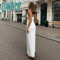 Lunivop Women 2 Piece Summer Outfits Solid Color Button Halter Tops And Slit Long Skirt Set For