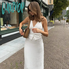Lunivop Women 2 Piece Summer Outfits Solid Color Button Halter Tops And Slit Long Skirt Set For