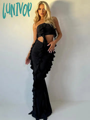 Lunivop Women 2Piece Set Tassel Fairycore Tube Tops + Ruffles Back Split Maxi Skirt Elegant