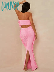 Lunivop Women 2Piece Set Tassel Fairycore Tube Tops + Ruffles Back Split Maxi Skirt Elegant