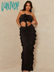 Lunivop Women 2Piece Set Tassel Fairycore Tube Tops + Ruffles Back Split Maxi Skirt Elegant