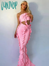 Lunivop Women 2Piece Set Tassel Fairycore Tube Tops + Ruffles Back Split Maxi Skirt Elegant