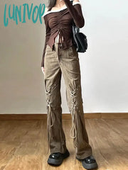 Lunivop Women American Vintage Baddie Style Lace Up Cargo Pants Grunge High Waist Straight Leg