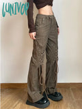 Lunivop Women American Vintage Baddie Style Lace Up Cargo Pants Grunge High Waist Straight Leg Trousers Harajuku Fashion Y2k Streetwear