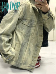 Lunivop Women American Vintage Denim Jacket Cowboy Outwear Oversize Jean Coat Unisex Y2K Streetwear