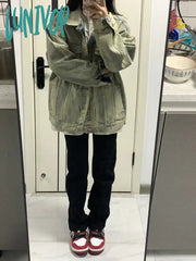 Lunivop Women American Vintage Denim Jacket Cowboy Outwear Oversize Jean Coat Unisex Y2K Streetwear
