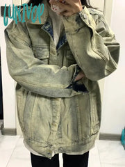 Lunivop Women American Vintage Denim Jacket Cowboy Outwear Oversize Jean Coat Unisex Y2K Streetwear