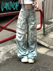 Lunivop Women American Vintage Y2K Cyber Punk Kpop Multi-Pocket Low Rise Cargo Denim Pants Baggy