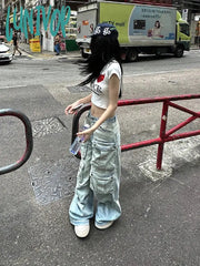 Lunivop Women American Vintage Y2K Cyber Punk Kpop Multi-Pocket Low Rise Cargo Denim Pants Baggy