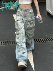 Lunivop Women American Vintage Y2K Cyber Punk Kpop Multi-Pocket Low Rise Cargo Denim Pants Baggy