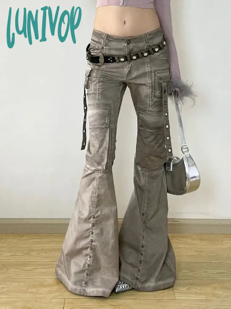 Lunivop Women American Vintage Y2K Goth Cyber Punk Kpop Low Rise Flare Denim Pants Jeans Grunge