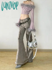 Lunivop Women American Vintage Y2K Goth Cyber Punk Kpop Low Rise Flare Denim Pants Jeans Grunge