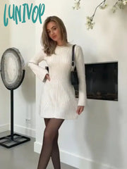 Lunivop Women Autumn Elegant Solid Rib Knitted Mini Dress Fashion Long Sleeve O-Neck Short Dresses