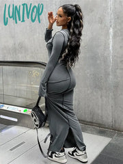 Lunivop Women Autumn Winter Dresses Long Sleeve Sexy Bodycon Slim Fit Solid Maxi Dress With Hooded