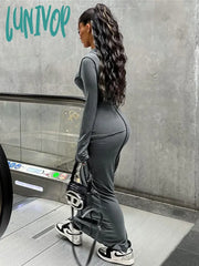 Lunivop Women Autumn Winter Dresses Long Sleeve Sexy Bodycon Slim Fit Solid Maxi Dress With Hooded