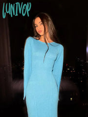 Lunivop Women Autumn Winter Knitted Midi Bodycon Dresses Sexy Long Sleeve Slim Fit Solid Blue