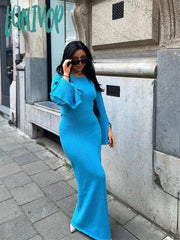 Lunivop Women Autumn Winter Knitted Midi Bodycon Dresses Sexy Long Sleeve Slim Fit Solid Blue