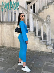 Lunivop Women Autumn Winter Knitted Midi Bodycon Dresses Sexy Long Sleeve Slim Fit Solid Blue