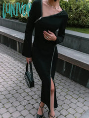 Lunivop Women Autumn Winter Sexy Bodycon Zipper Dresses Long Sleeve Asymmetry Slim Fit Solid Black