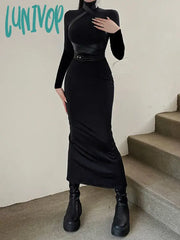 Lunivop Women Autumn Winter Turtleneck Midi Bodycon Dresses Solid Black Long Sleeve Sexy Slim Fit
