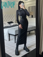 Lunivop Women Autumn Winter Turtleneck Midi Bodycon Dresses Solid Black Long Sleeve Sexy Slim Fit