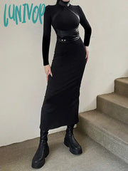 Lunivop Women Autumn Winter Turtleneck Midi Bodycon Dresses Solid Black Long Sleeve Sexy Slim Fit