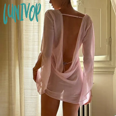 Lunivop Women Babydoll Lingerie Nightgown Sleepwear Sexy Sheer Mesh Cowl Neck Backless Mini Dress