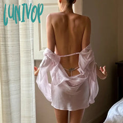 Lunivop Women Babydoll Lingerie Nightgown Sleepwear Sexy Sheer Mesh Cowl Neck Backless Mini Dress