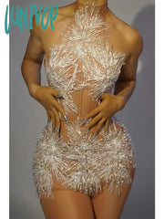 Lunivop Women Backless Halter Tassel Pearl Snow Mini White Dress Birthday Party Costume Bar