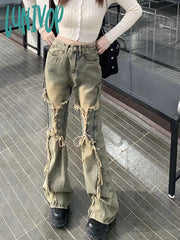 Lunivop Women Baggy Blue Ripped Jeans Vintage Aesthetic Cowboy Pants Harajuku Denim Trouser
