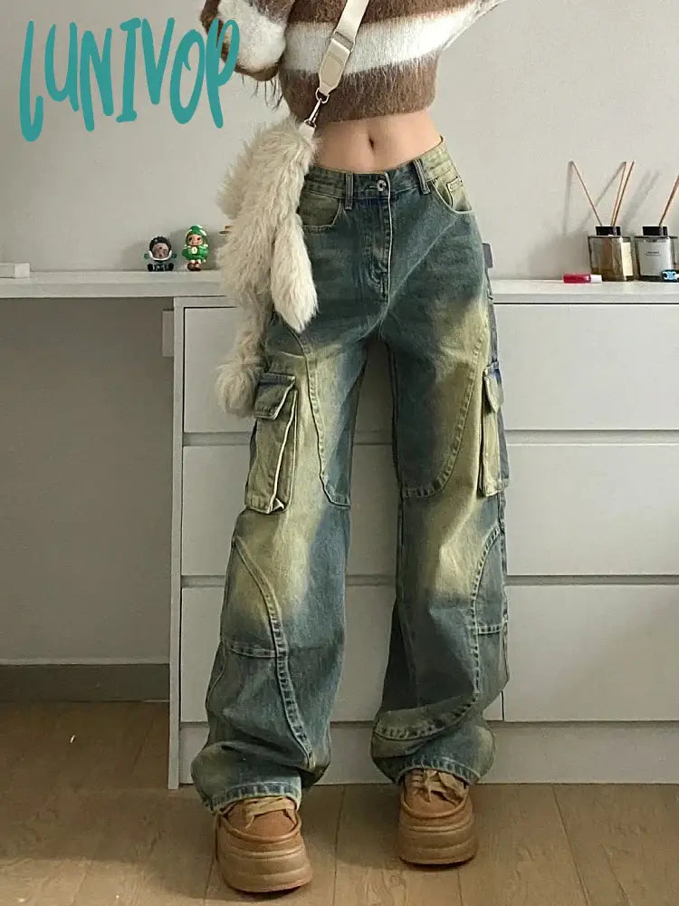 Lunivop Women Baggy Japanese Jeans Harajuku Trashy Y2K Streetwear Cargo Denim Pants 2000S American