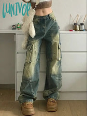 Lunivop Women Baggy Japanese Jeans Harajuku Trashy Y2K Streetwear Cargo Denim Pants 2000S American