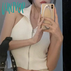 Lunivop Women Basic Knit Tank Tops Solid Color Zipper Crop 00S Retro Summer Sleeveless Vest