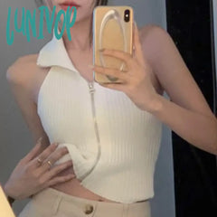 Lunivop Women Basic Knit Tank Tops Solid Color Zipper Crop 00S Retro Summer Sleeveless Vest