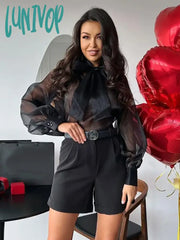 Lunivop Women Blouses Shirts Summer Chiffon See Throught Office Ladies Blouse Fashion Puff Sleeve