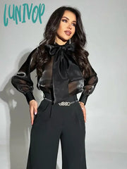 Lunivop Women Blouses Shirts Summer Chiffon See Throught Office Ladies Blouse Fashion Puff Sleeve