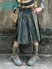 Lunivop Women Casual 2000S Harajuku Fashion Jean Midi Skirt Denim Pleated A-Line Skirts Dark
