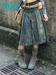 Lunivop Women Casual 2000S Harajuku Fashion Jean Midi Skirt Denim Pleated A-Line Skirts Dark